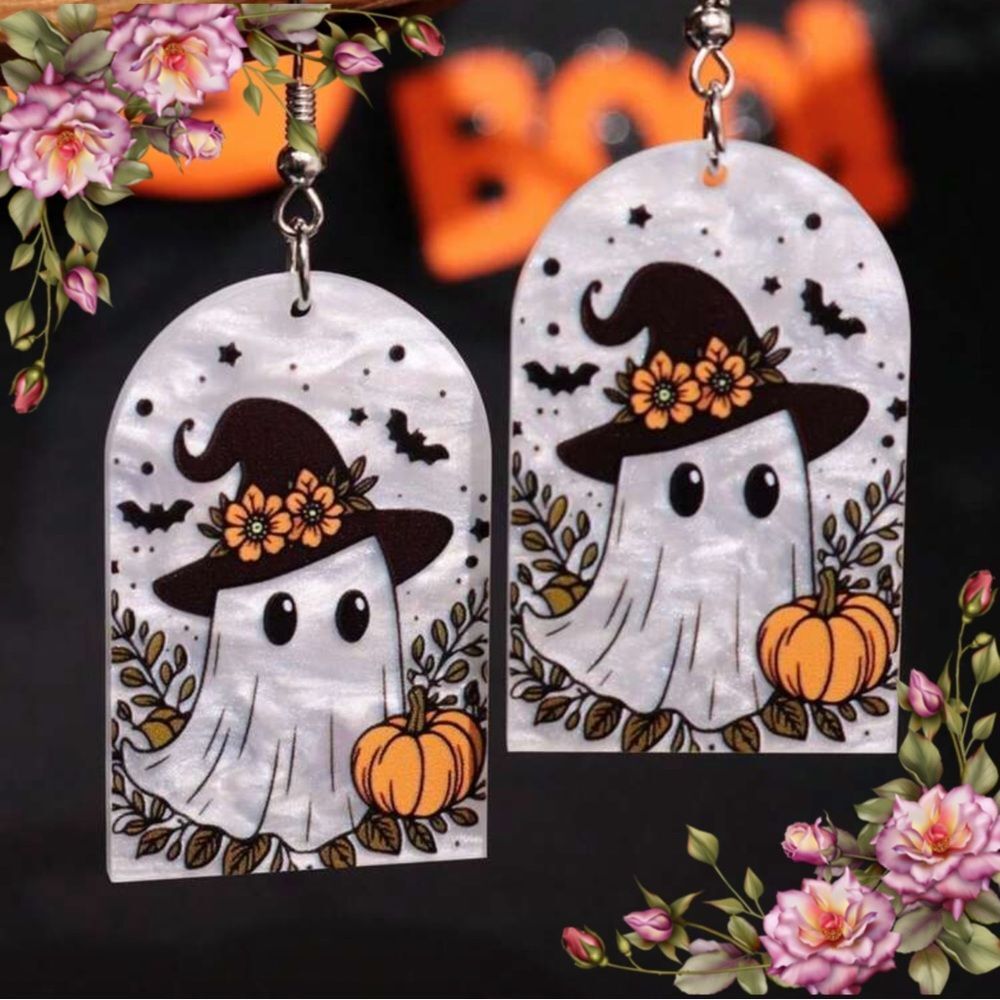 Halloween Ghost Earrings with‎ Witch Hat